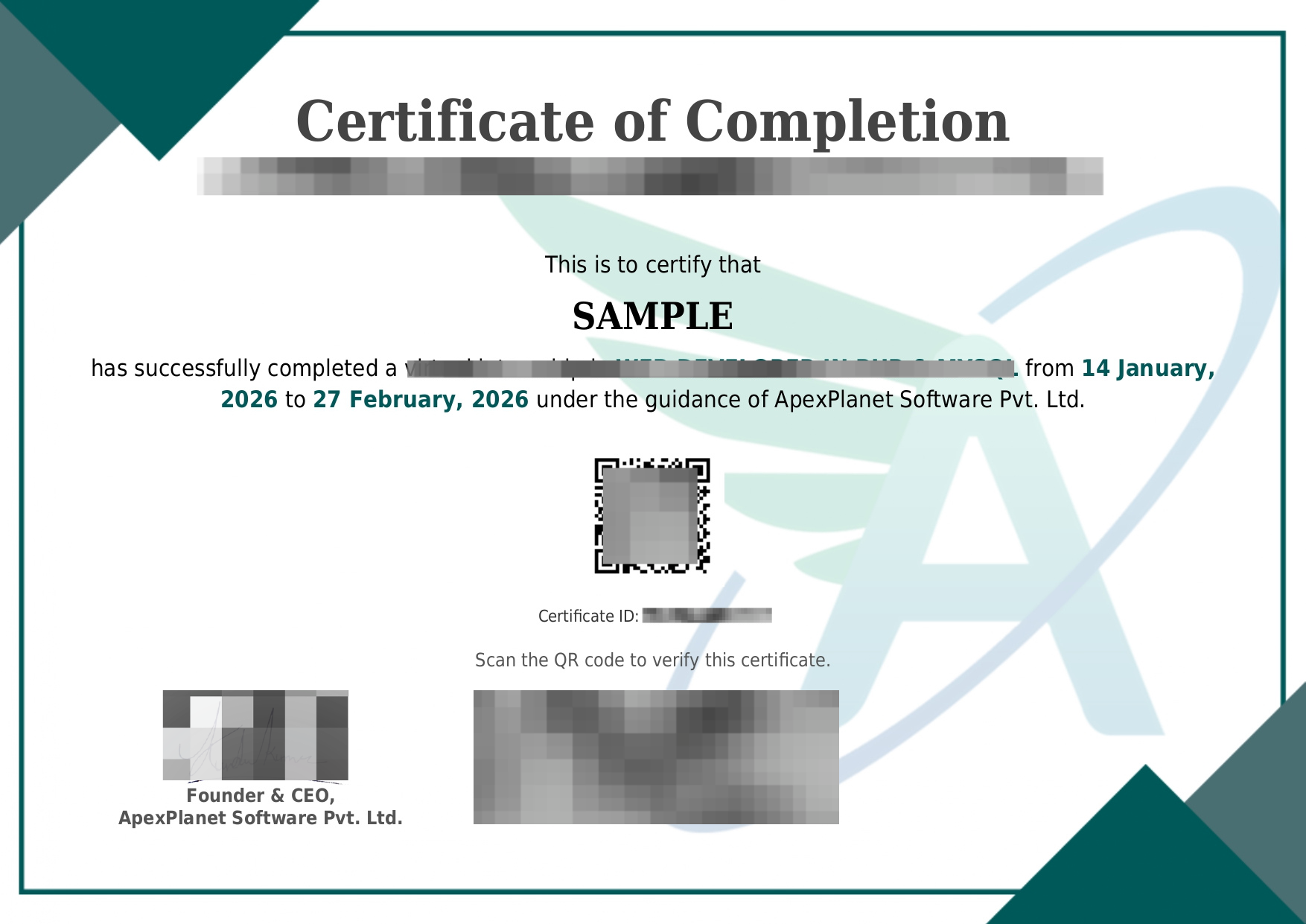 Sample Internship Certificate Format - Signature and Stamp Blurred