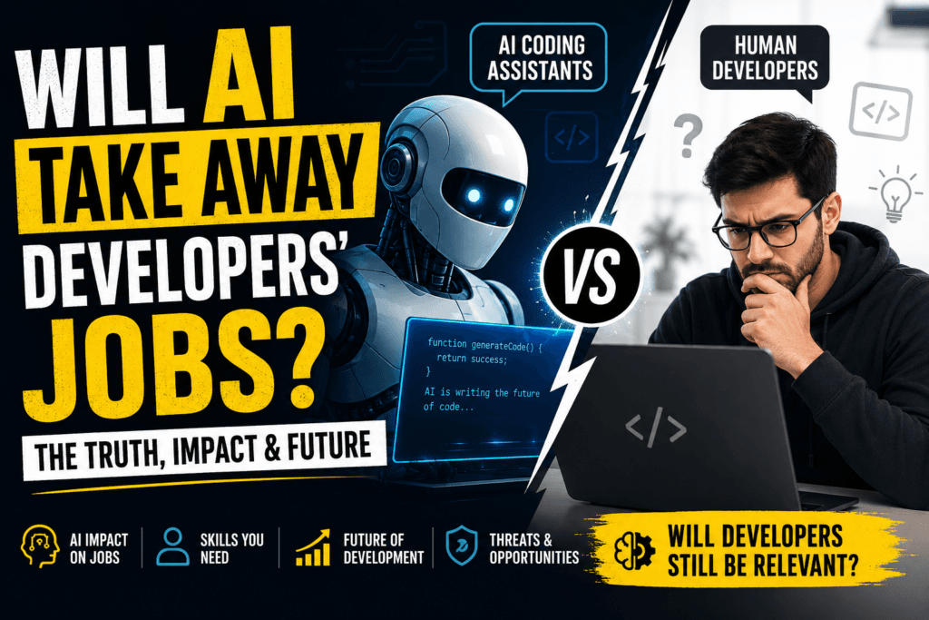 AI robot and human developer facing each other with a laptop and coding interface, illustrating the debate over whether AI will replace software developers’ jobs.