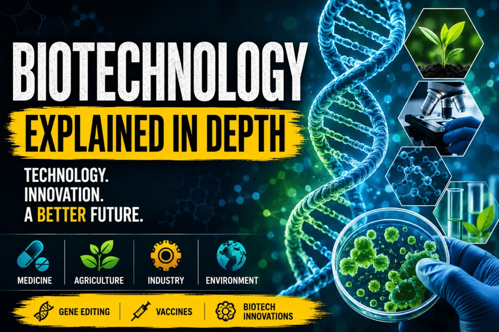 Biotechnology explained in depth with DNA, laboratory research, gene editing, medicine, agriculture, industry, and environmental biotechnology.